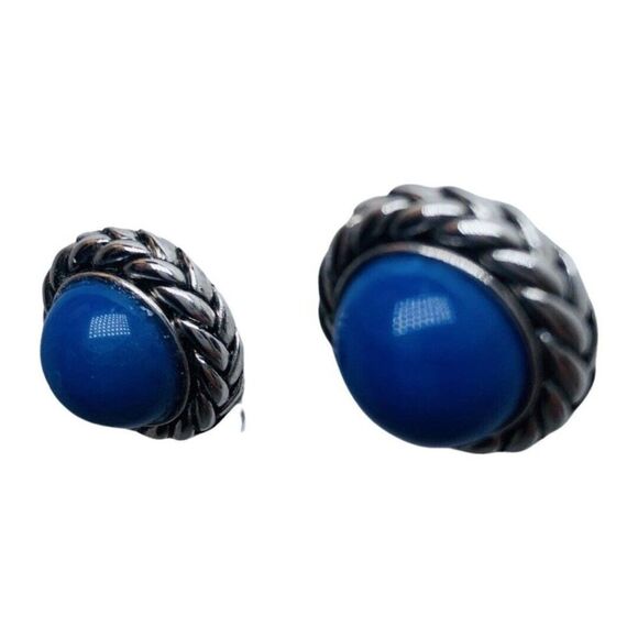 Women’s Royal Blue Twisted Silver Tone Nautical Button Clip On Vintage Earrings - Picture 4 of 7